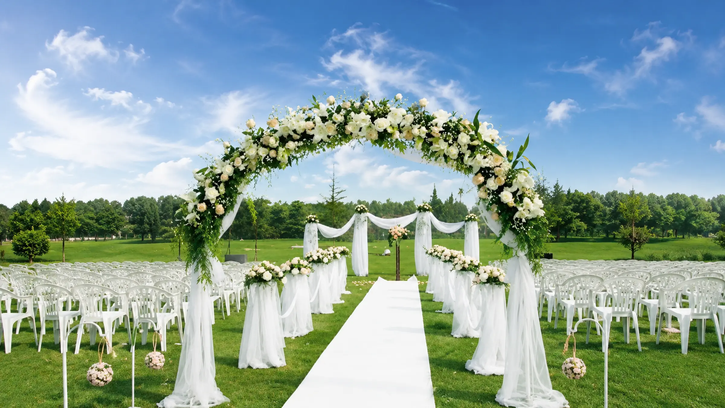 Allée extérieure préparée pour une cérémonie de mariage