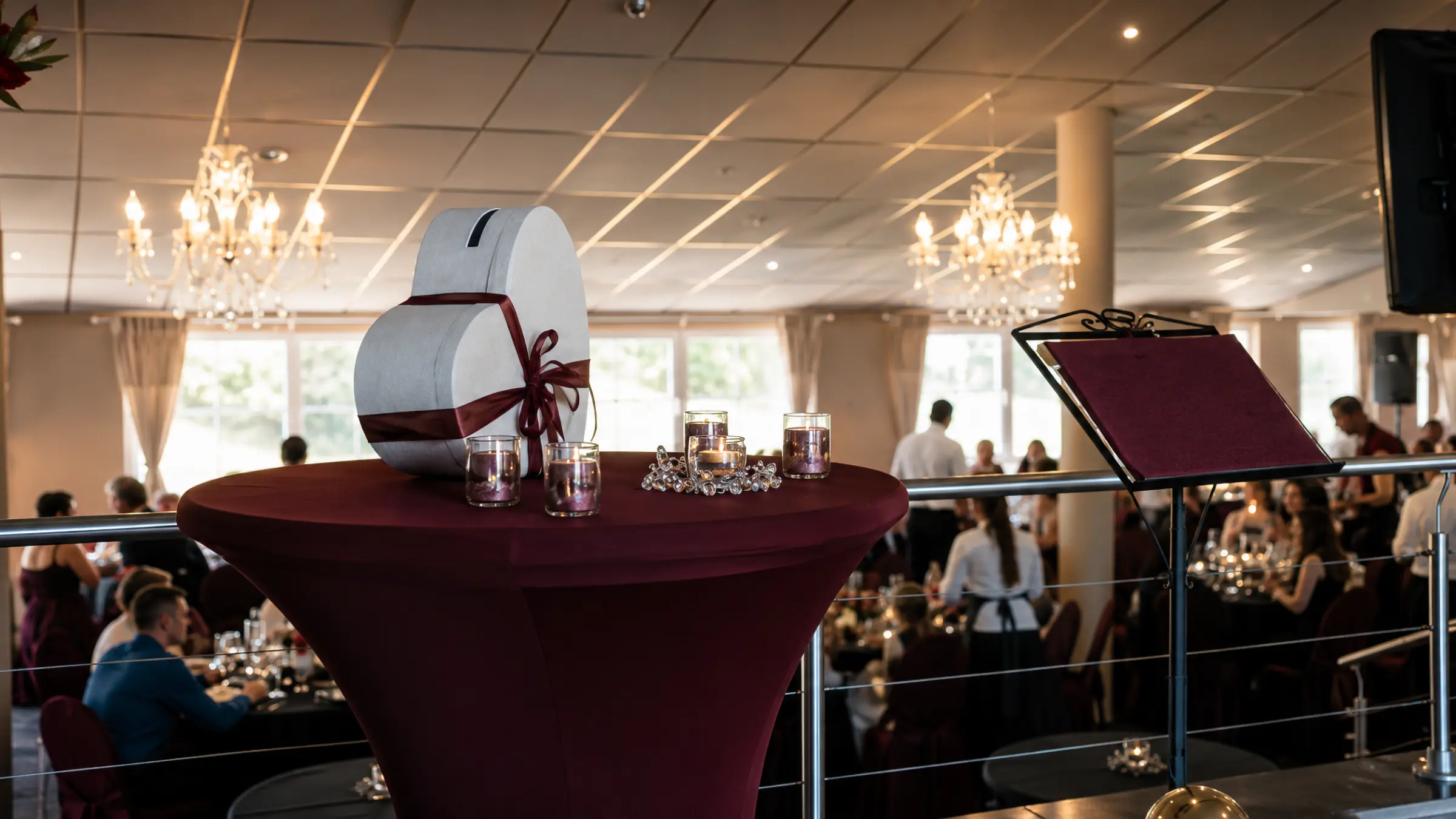 Salle décorée pour une réception de mariage élégante