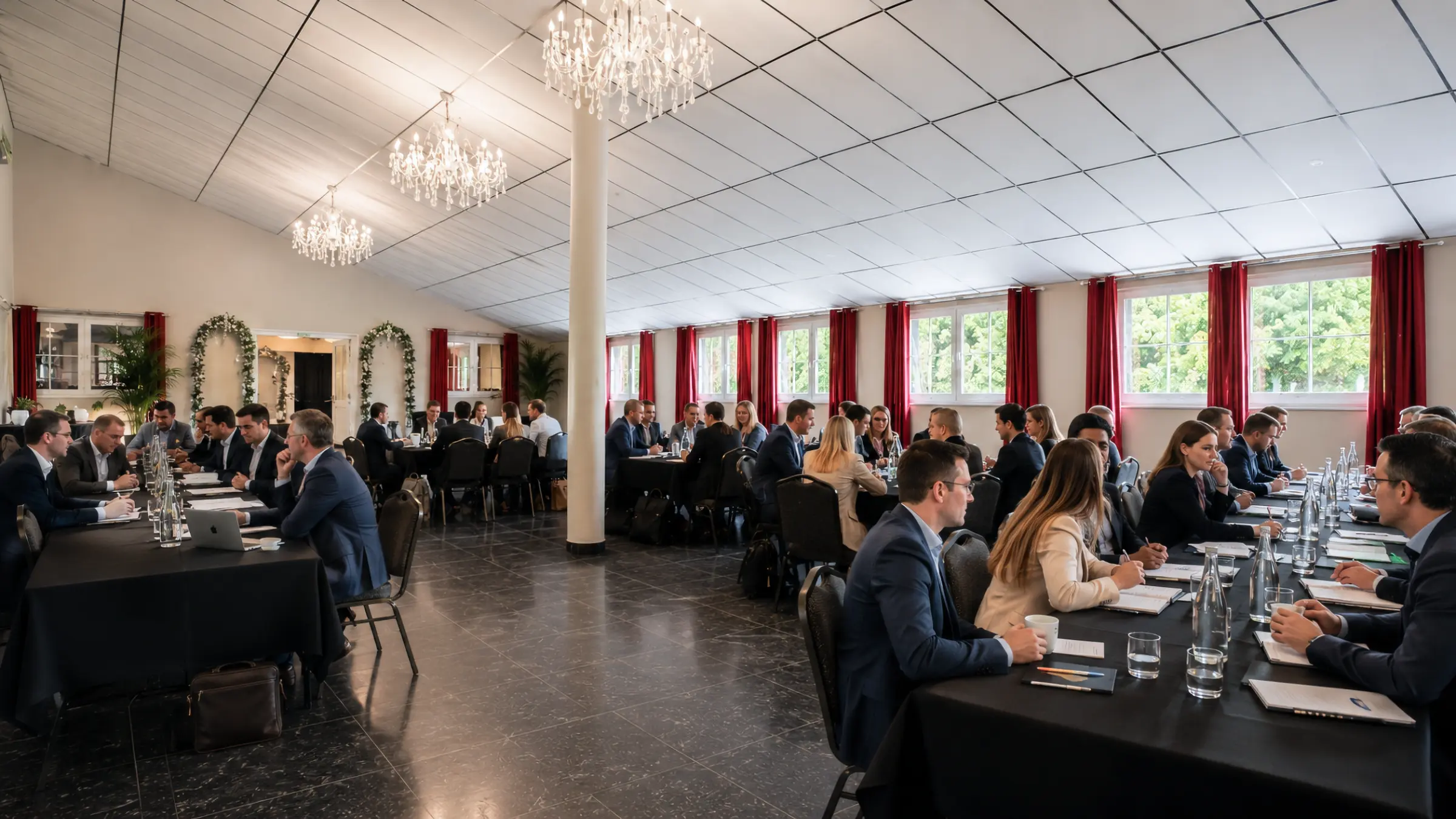 Salle de réunion préparée pour un séminaire d’entreprise