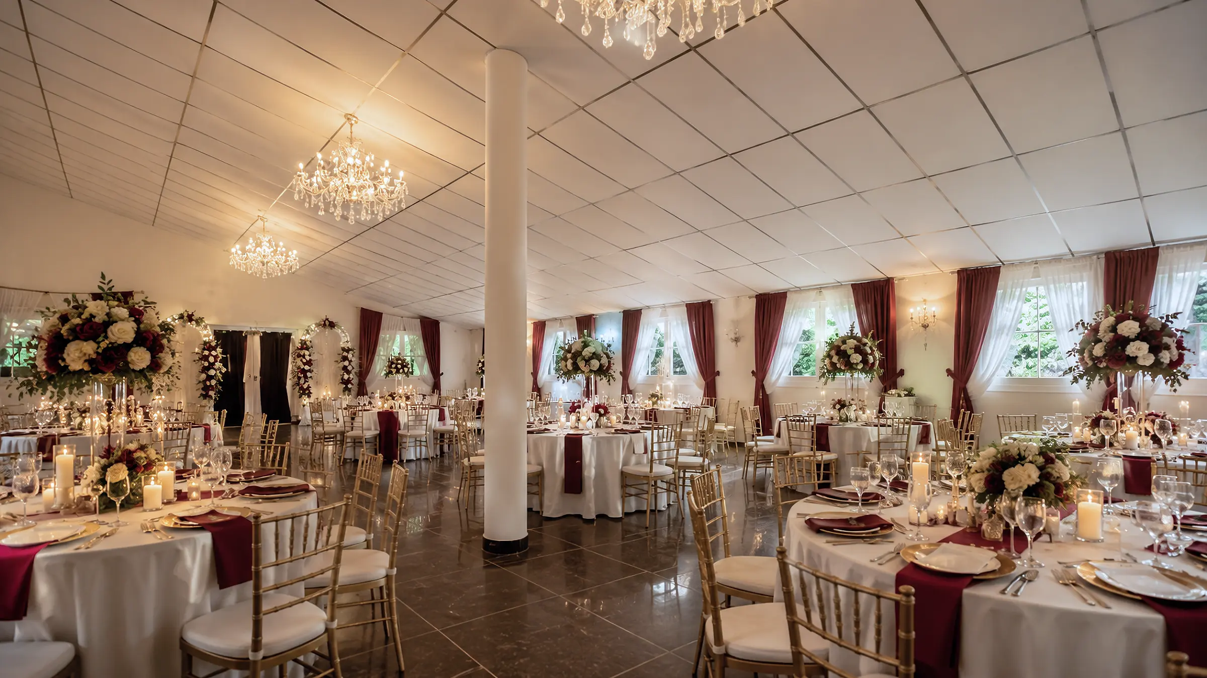 Salle de réception préparée pour un mariage au Hameau de Nivelles