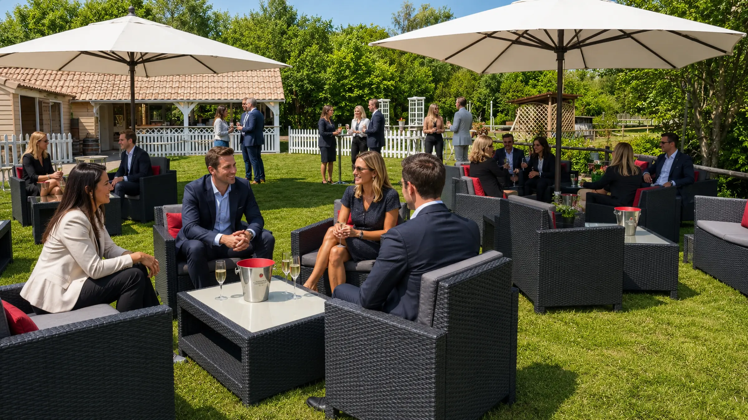 Terrasse ouverte sur le jardin pour un événement professionnel